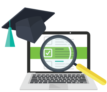 Illustration of the search for the correct program on a computer with a graduation cap