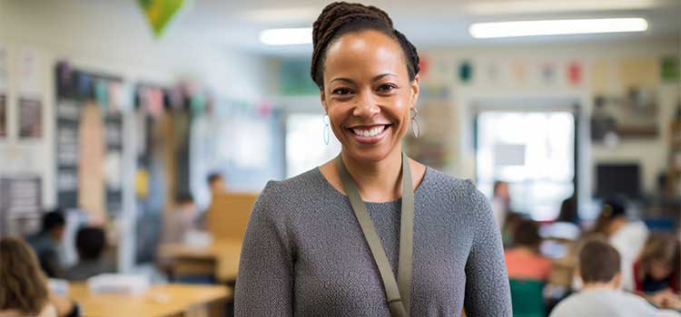 special education teacher stands in rear of classroom